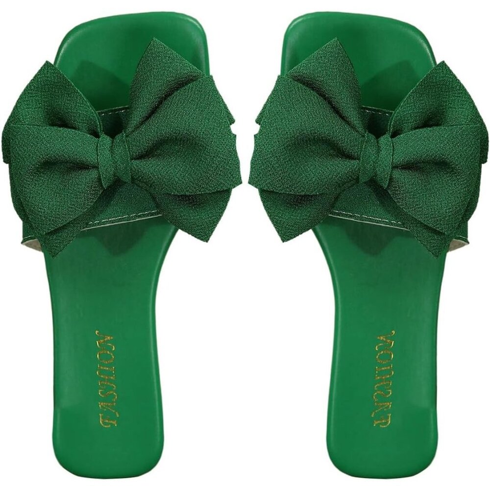 Women's Bow Green Square Toe Flat Summer Sandals Slides Slip On Shoes - Picture 1 of 6